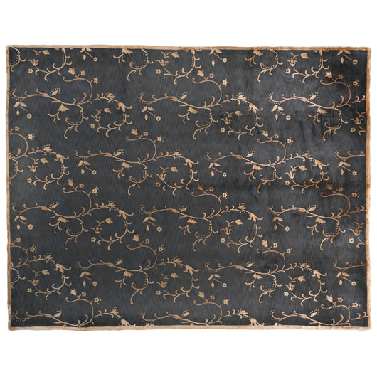 Black and Gold Floral Wool and Silk Area Rug