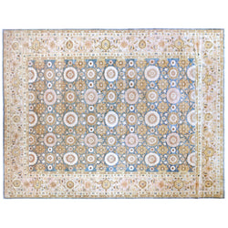Blue Floral Wool Area Rug with Pink and Gold