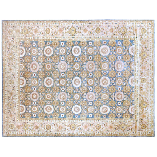Blue Floral Wool Area Rug with Pink and Gold