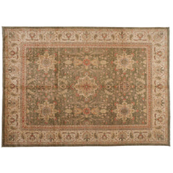 Traditional Pakistani Green and Beige Floral Rug